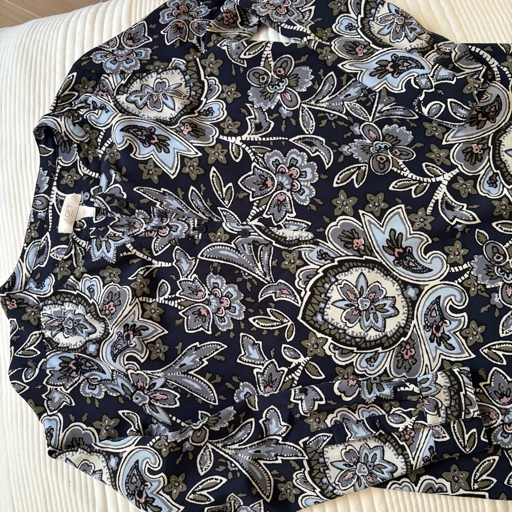 LOFT Navy Floral Button Front Floral Dress - Picture 2 of 6